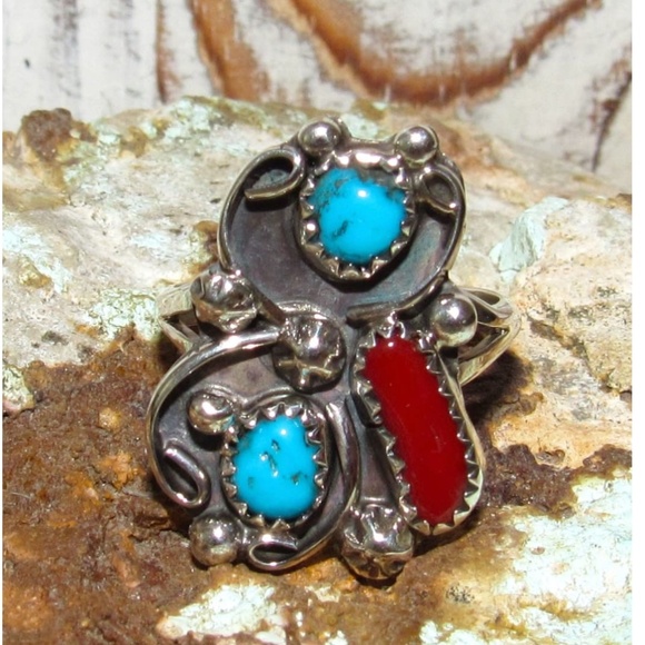 Navajo Kingman Turquoise Coral Ring Sz 8 Sterling Native American Signed - Picture 2 of 4
